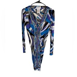 Emilio Pucci Blue & Purple Swirl Print Long Sleeve V-Neck Midi Dress
